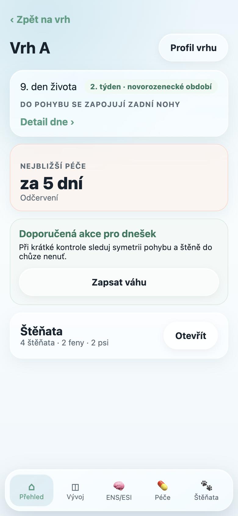 Přehled odchovu štěňat v aplikaci Můj vrh