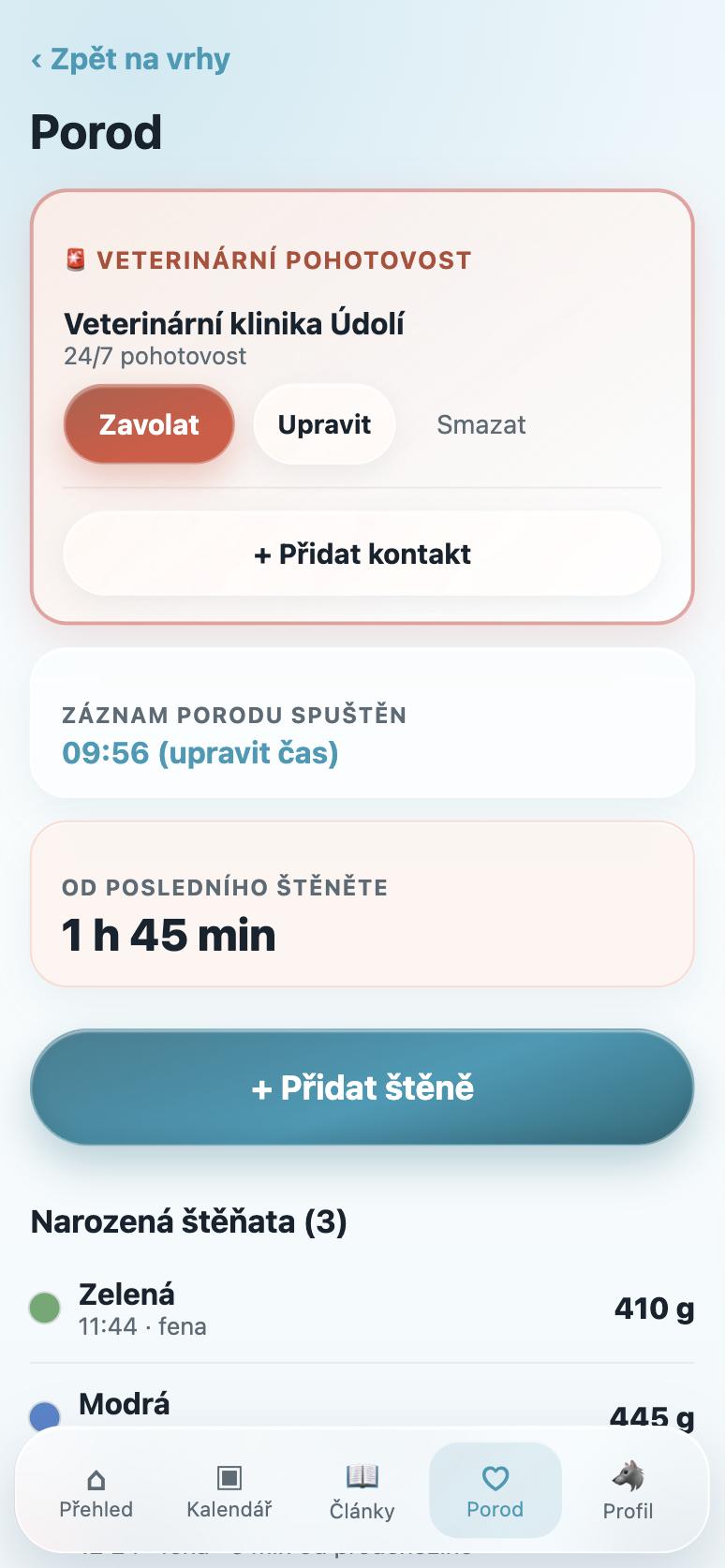 Probíhající porod v aplikaci Můj vrh