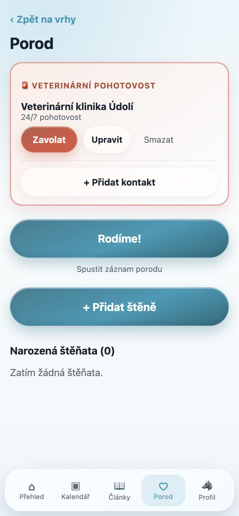 Porod v aplikaci Můj vrh: veterinární pohotovost a tlačítko Rodíme