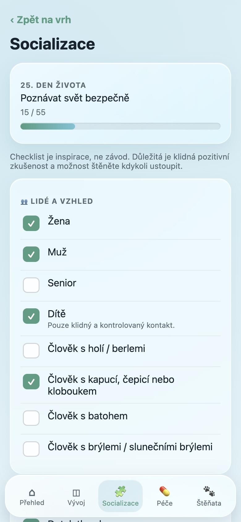Socializační checklist v aplikaci Můj vrh